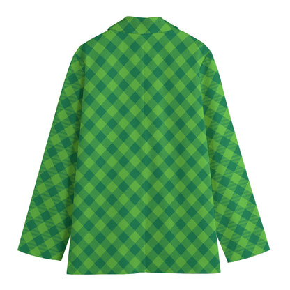 Green St. Patrick's Day Plaid Print Women's Cotton Blazer