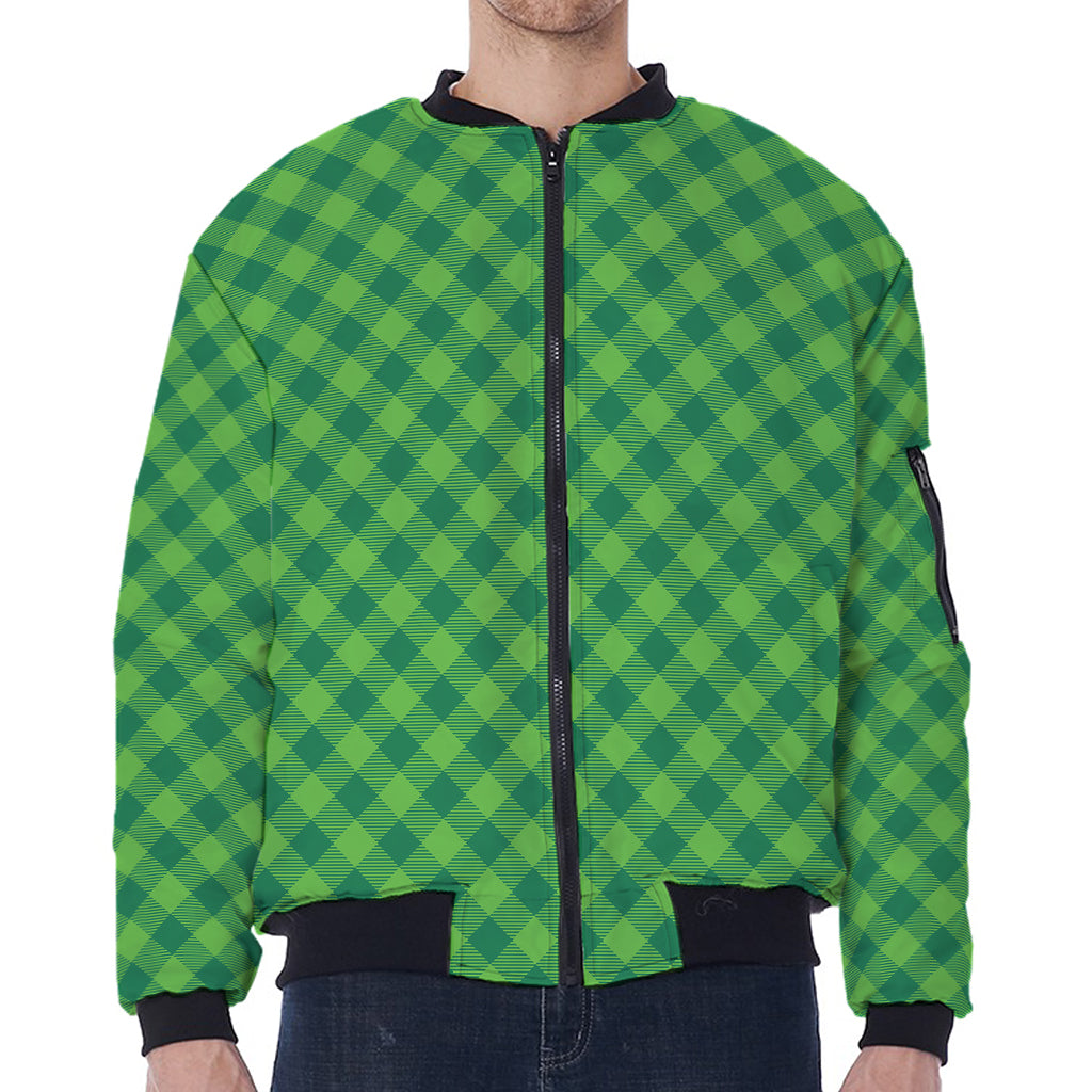 Green St. Patrick's Day Plaid Print Zip Sleeve Bomber Jacket