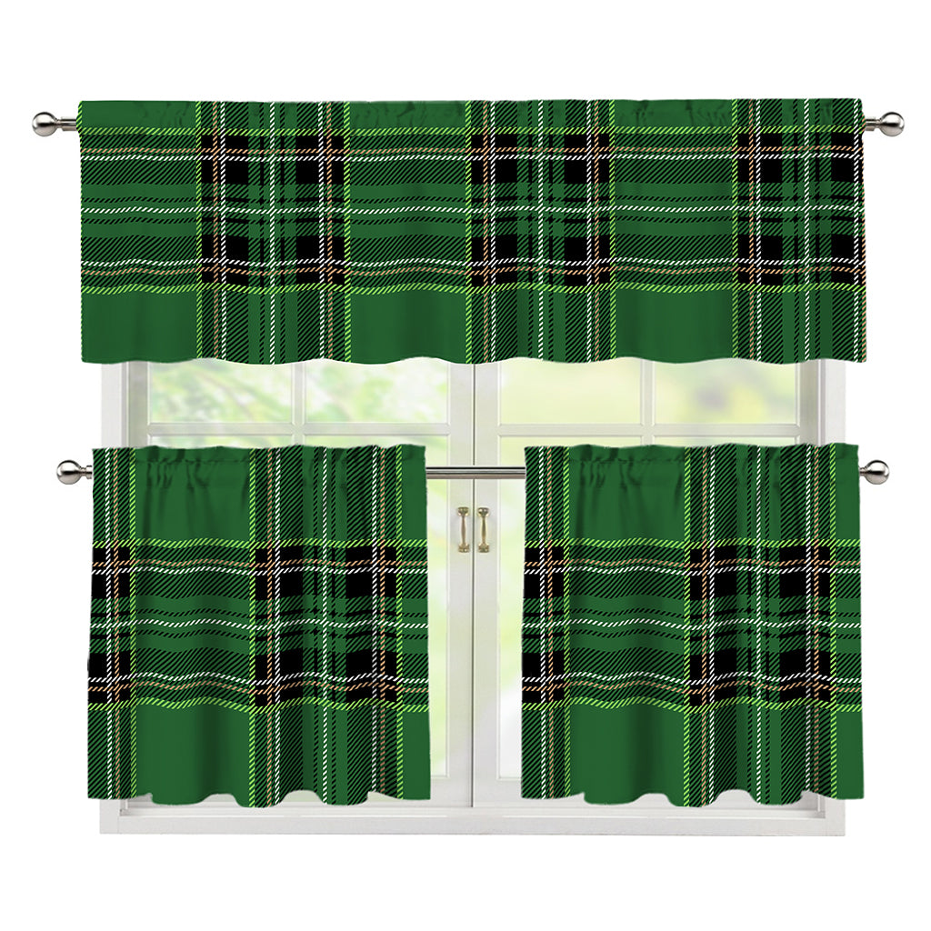 Green Stewart Tartan Pattern Print 3 Piece Kitchen Curtains