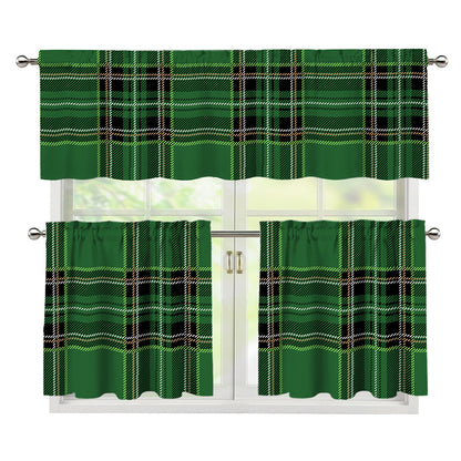 Green Stewart Tartan Pattern Print 3 Piece Kitchen Curtains