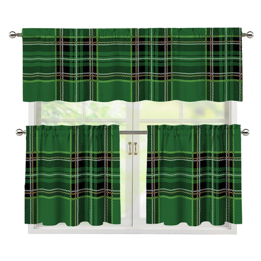 Green Stewart Tartan Pattern Print 3 Piece Kitchen Curtains