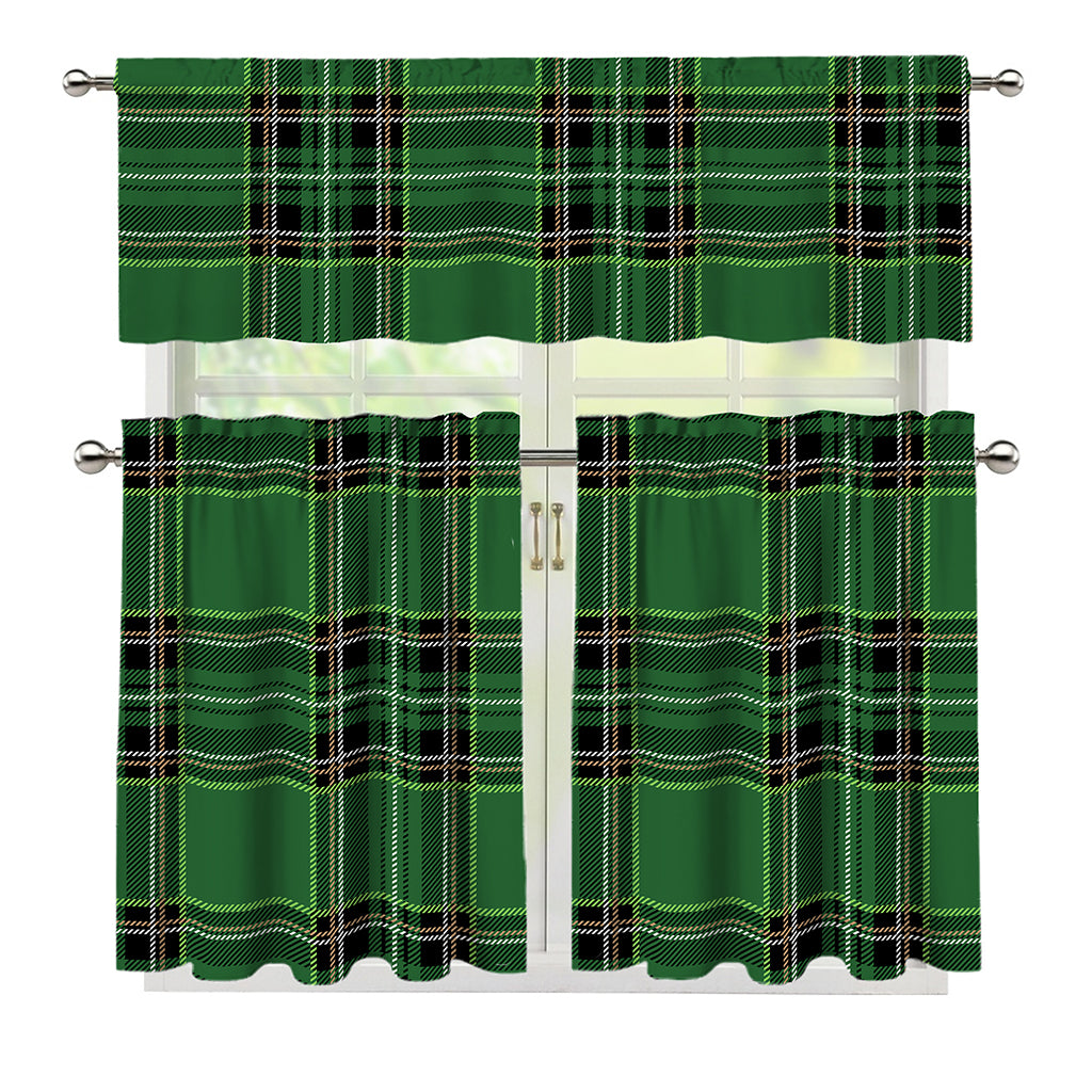 Green Stewart Tartan Pattern Print 3 Piece Kitchen Curtains