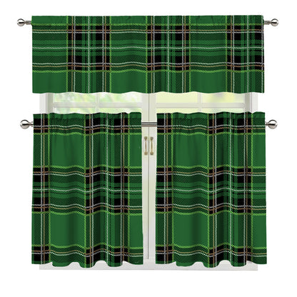 Green Stewart Tartan Pattern Print 3 Piece Kitchen Curtains