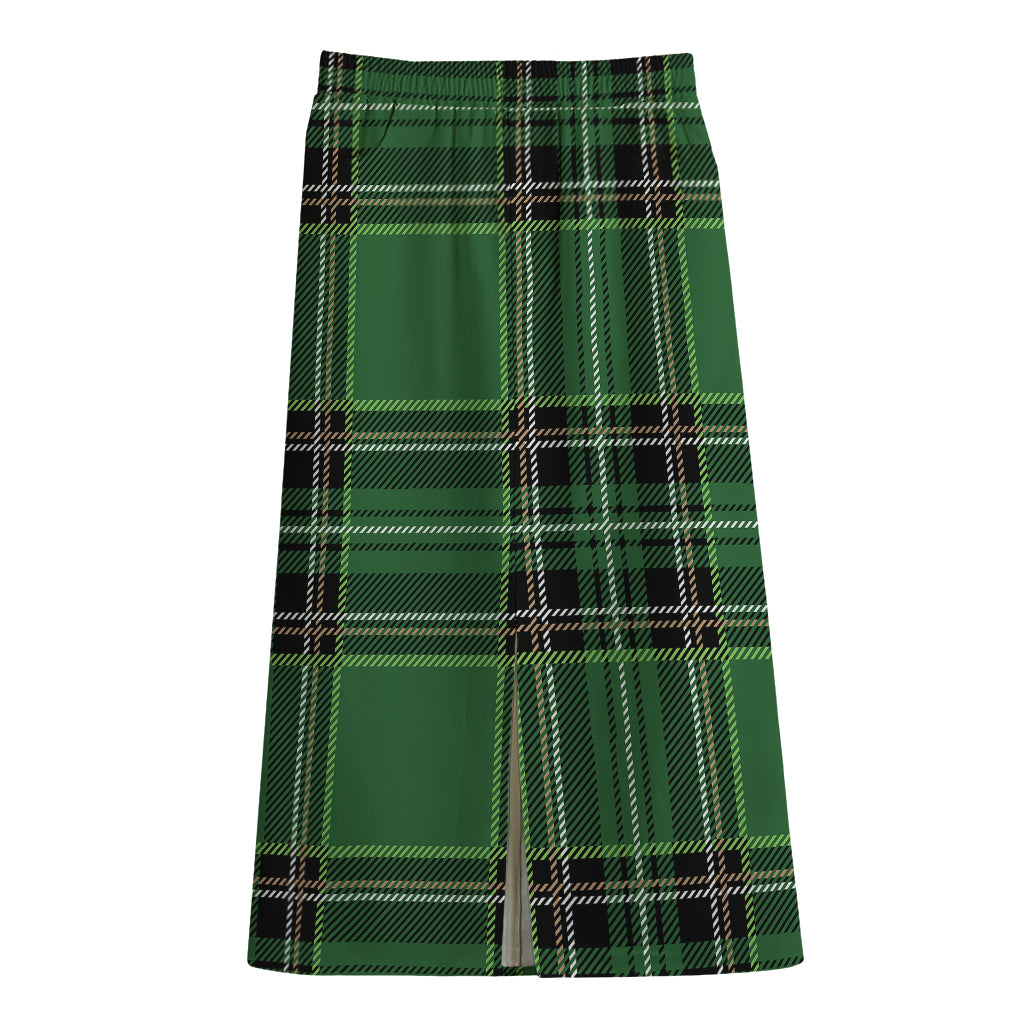 Green Stewart Tartan Pattern Print Cotton Front Slit Maxi Skirt