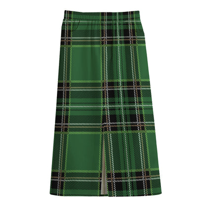 Green Stewart Tartan Pattern Print Cotton Front Slit Maxi Skirt