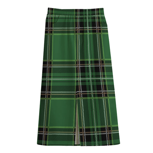Green Stewart Tartan Pattern Print Cotton Front Slit Maxi Skirt