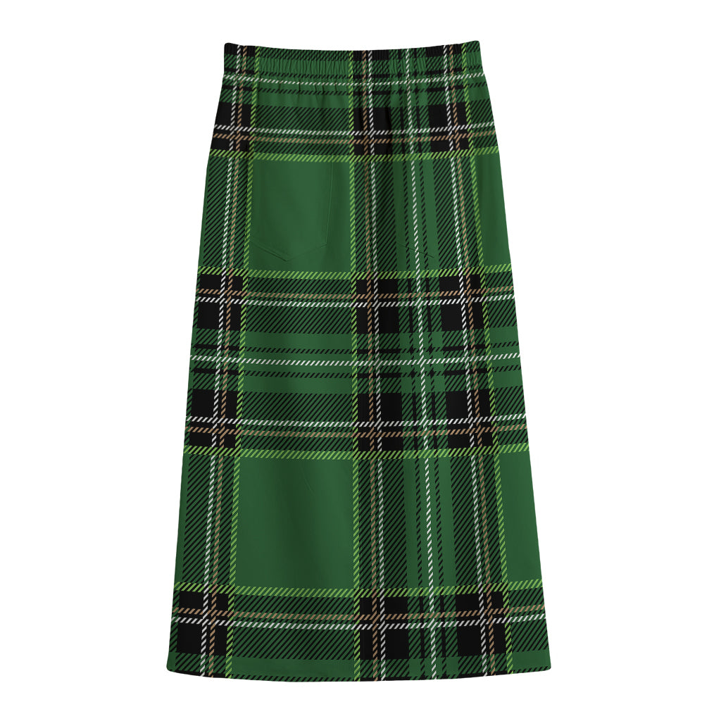 Green Stewart Tartan Pattern Print Cotton Front Slit Maxi Skirt
