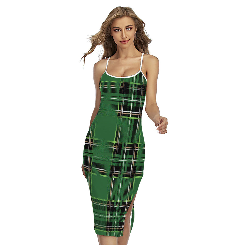 Green Stewart Tartan Pattern Print Cross Back Cami Dress