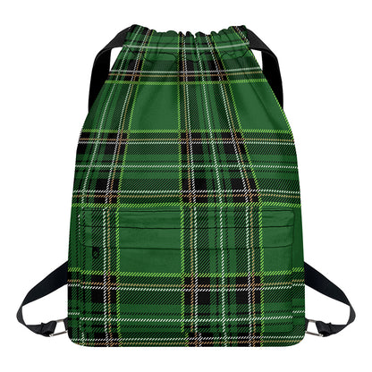 Green Stewart Tartan Pattern Print Drawstring Backpack