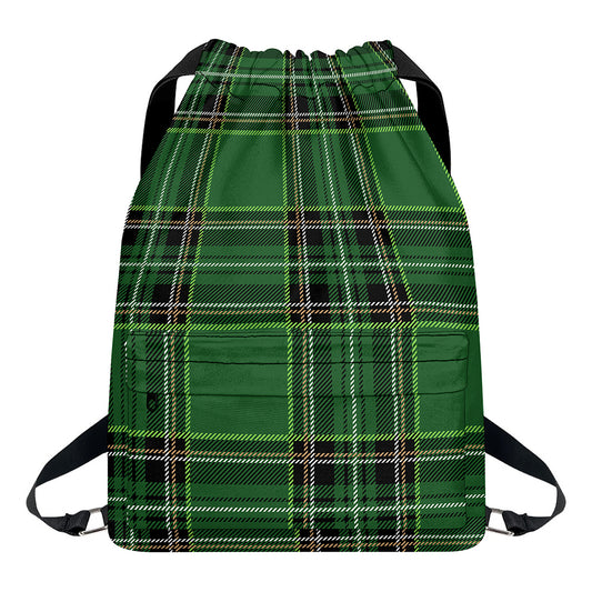 Green Stewart Tartan Pattern Print Drawstring Backpack