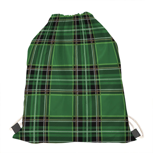 Green Stewart Tartan Pattern Print Drawstring Bag