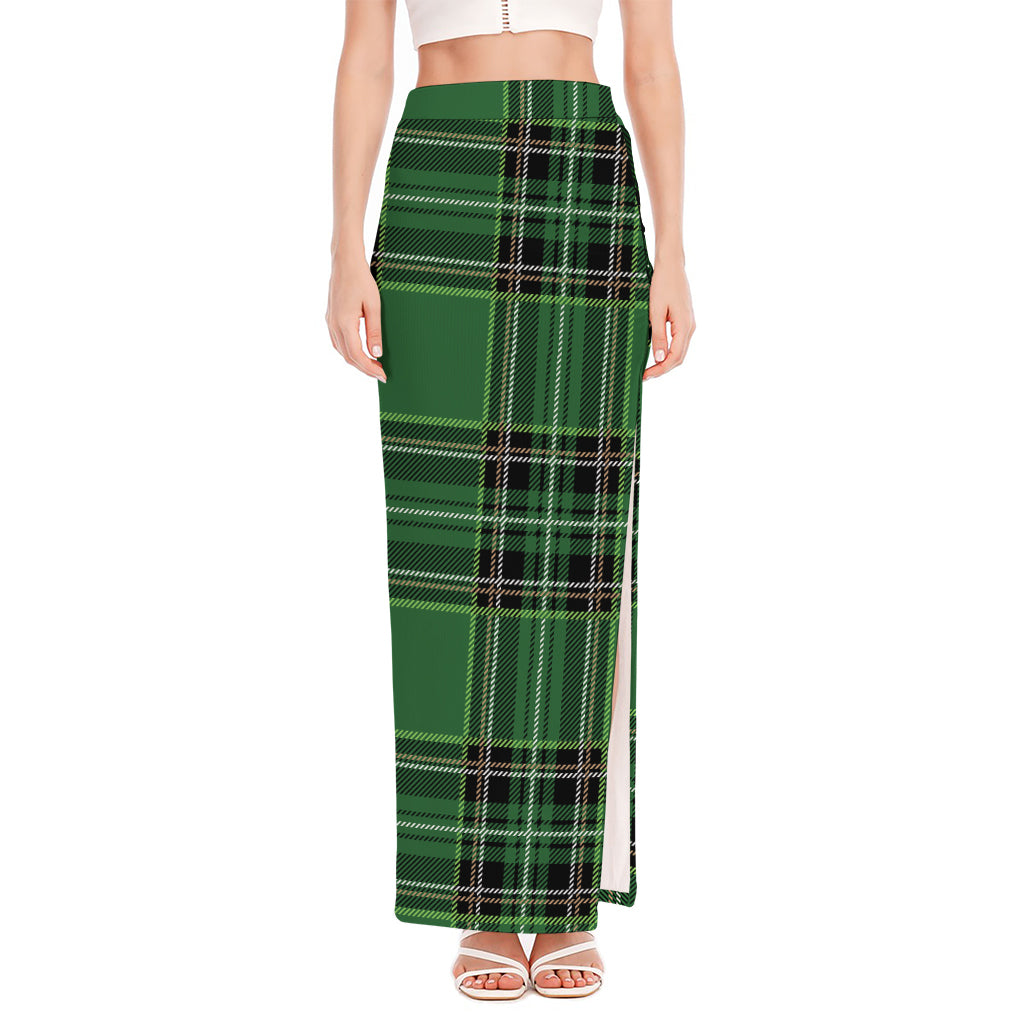 Green Stewart Tartan Pattern Print High Slit Maxi Skirt