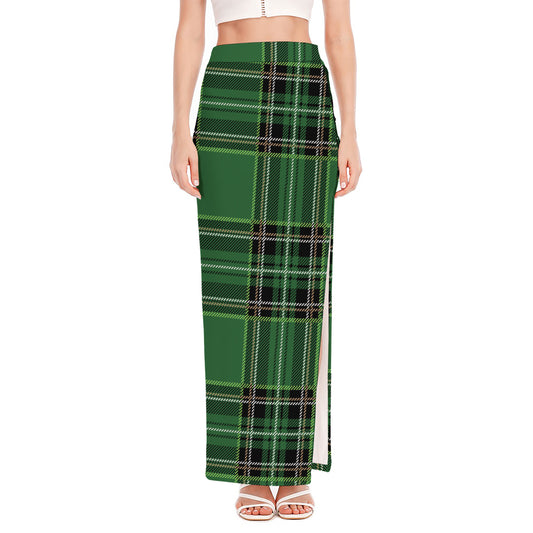 Green Stewart Tartan Pattern Print High Slit Maxi Skirt