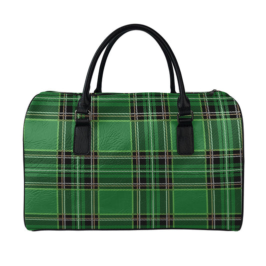 Green Stewart Tartan Pattern Print Leather Duffle Bag