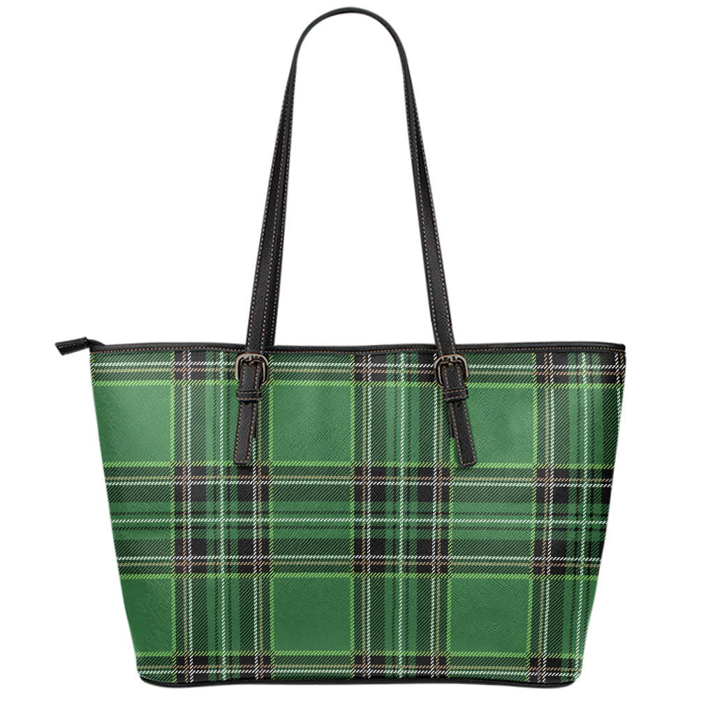 Green Stewart Tartan Pattern Print Leather Tote Bag