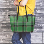 Green Stewart Tartan Pattern Print Leather Tote Bag