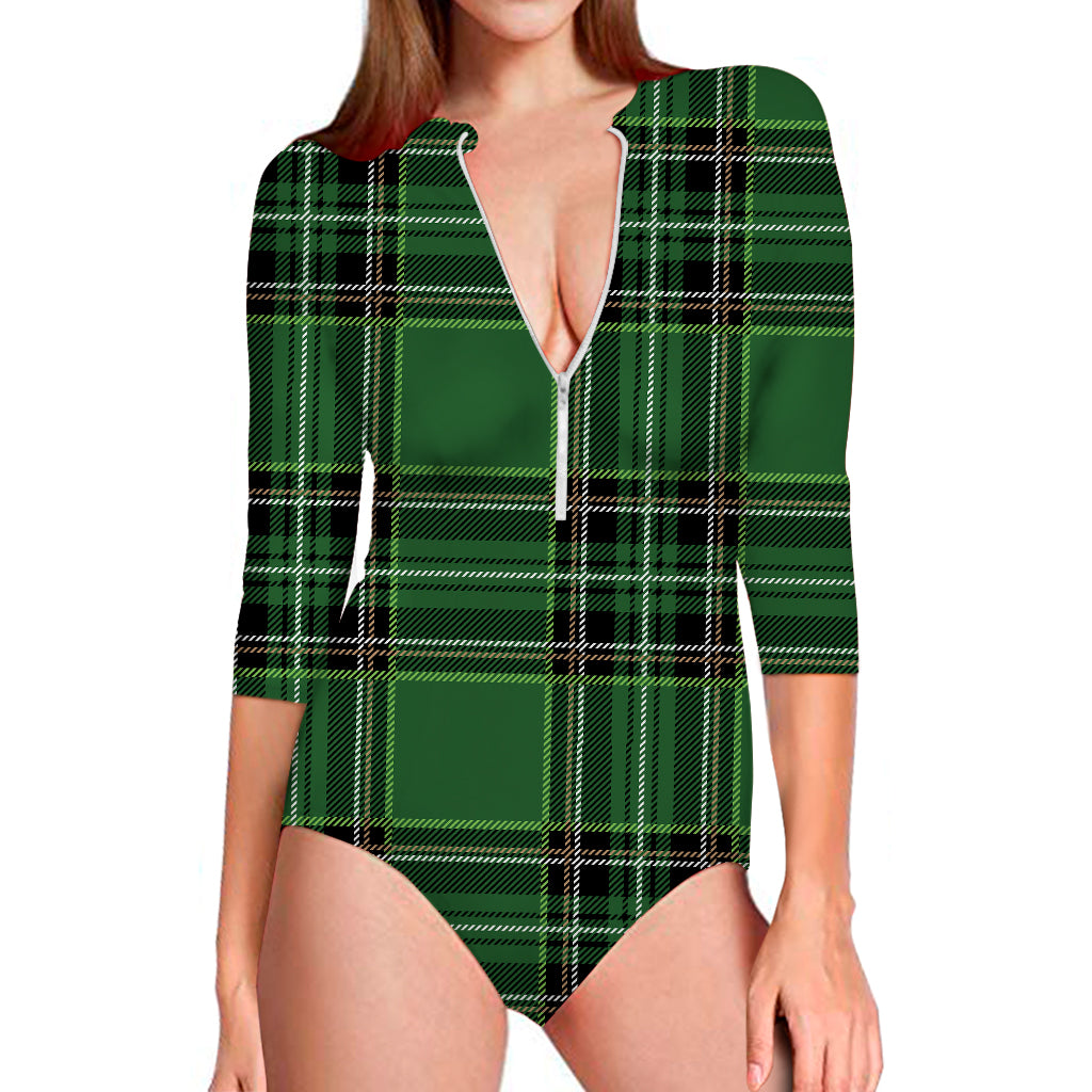 Green Stewart Tartan Pattern Print Long Sleeve Swimsuit