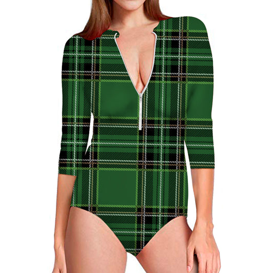 Green Stewart Tartan Pattern Print Long Sleeve Swimsuit