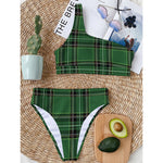 Green Stewart Tartan Pattern Print One Shoulder Bikini Top