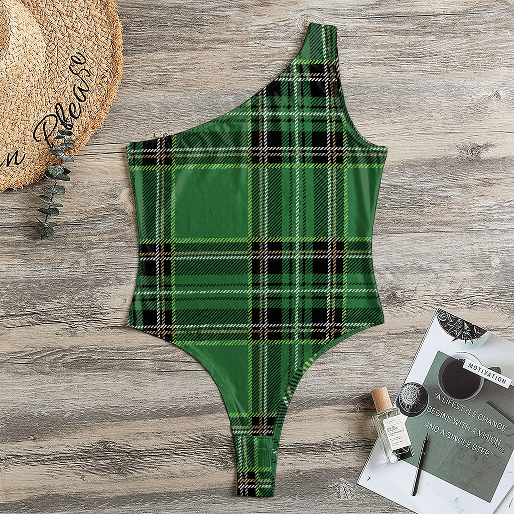 Green Stewart Tartan Pattern Print One Shoulder Bodysuit