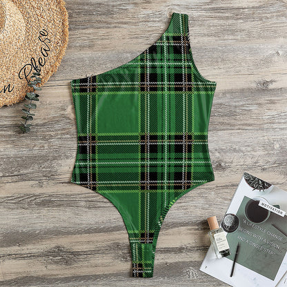 Green Stewart Tartan Pattern Print One Shoulder Bodysuit