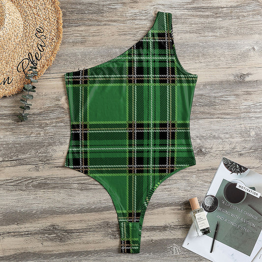 Green Stewart Tartan Pattern Print One Shoulder Bodysuit