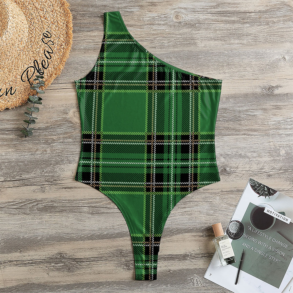 Green Stewart Tartan Pattern Print One Shoulder Bodysuit