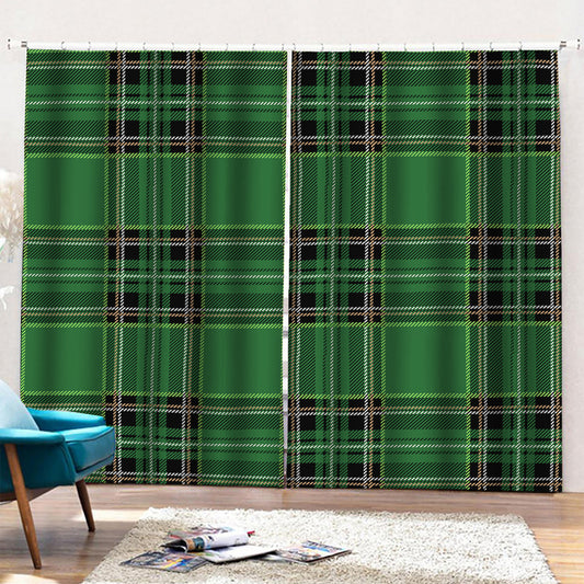 Green Stewart Tartan Pattern Print Pencil Pleat Curtains