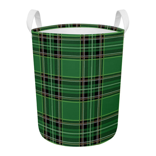 Green Stewart Tartan Pattern Print Round Laundry Basket