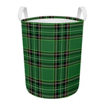 Green Stewart Tartan Pattern Print Round Laundry Basket