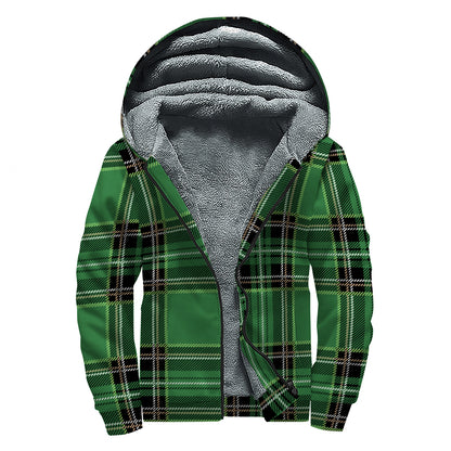 Green Stewart Tartan Pattern Print Sherpa Lined Zip Up Hoodie