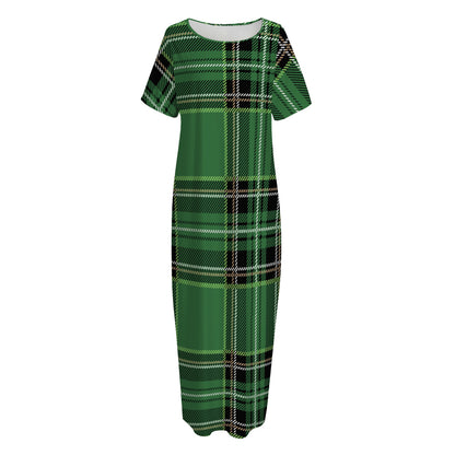 Green Stewart Tartan Pattern Print Short Sleeve Long Nightdress