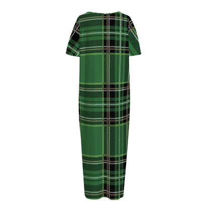 Green Stewart Tartan Pattern Print Short Sleeve Long Nightdress