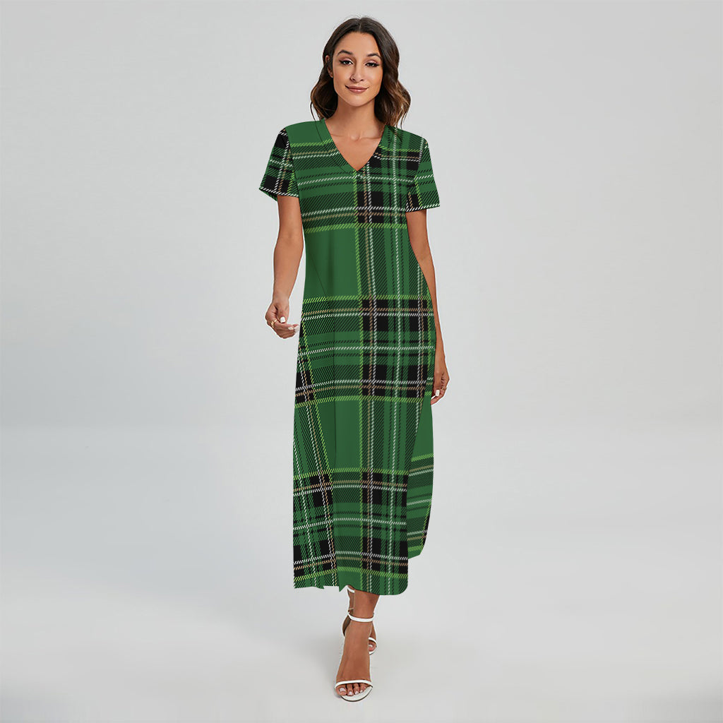 Green Stewart Tartan Pattern Print Short Sleeve Maxi Dress