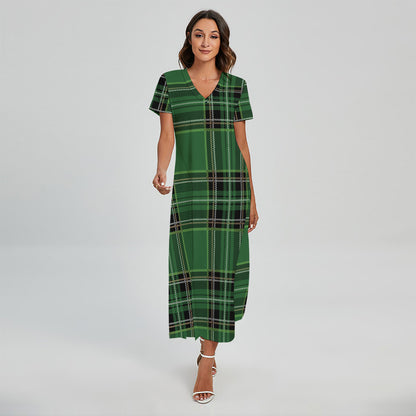 Green Stewart Tartan Pattern Print Short Sleeve Maxi Dress