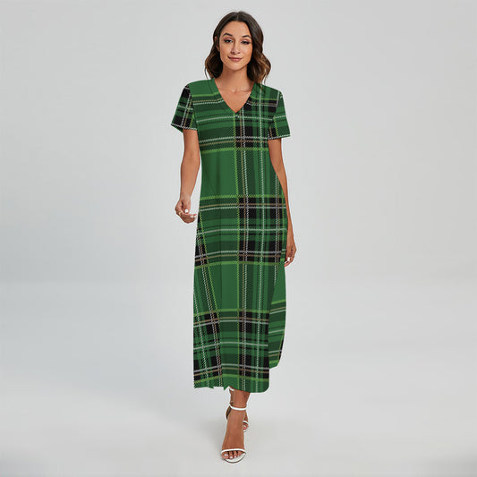 Green Stewart Tartan Pattern Print Short Sleeve Maxi Dress