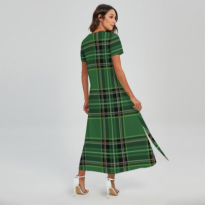 Green Stewart Tartan Pattern Print Short Sleeve Maxi Dress