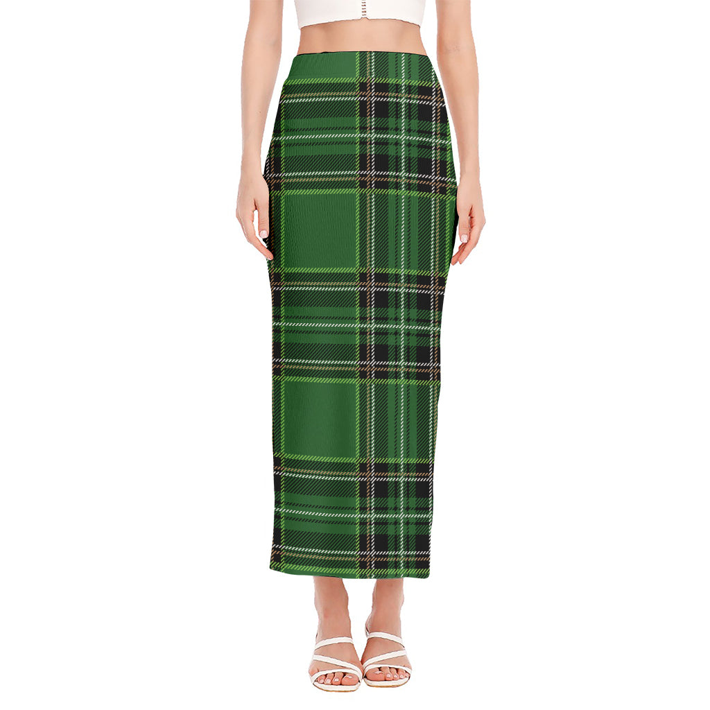 Green Stewart Tartan Pattern Print Side Slit Maxi Skirt