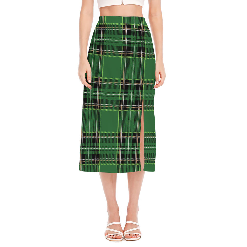 Green Stewart Tartan Pattern Print Side Slit Midi Skirt
