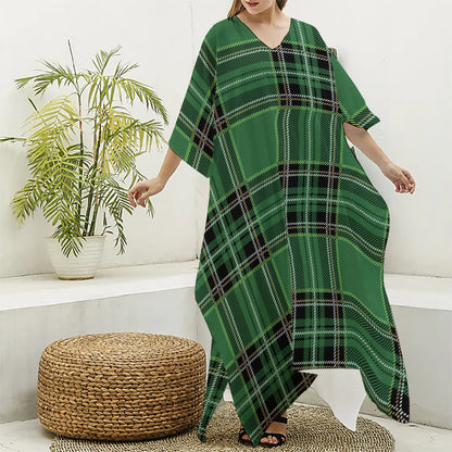 Green Stewart Tartan Pattern Print Silk V-Neck Kaftan Dress