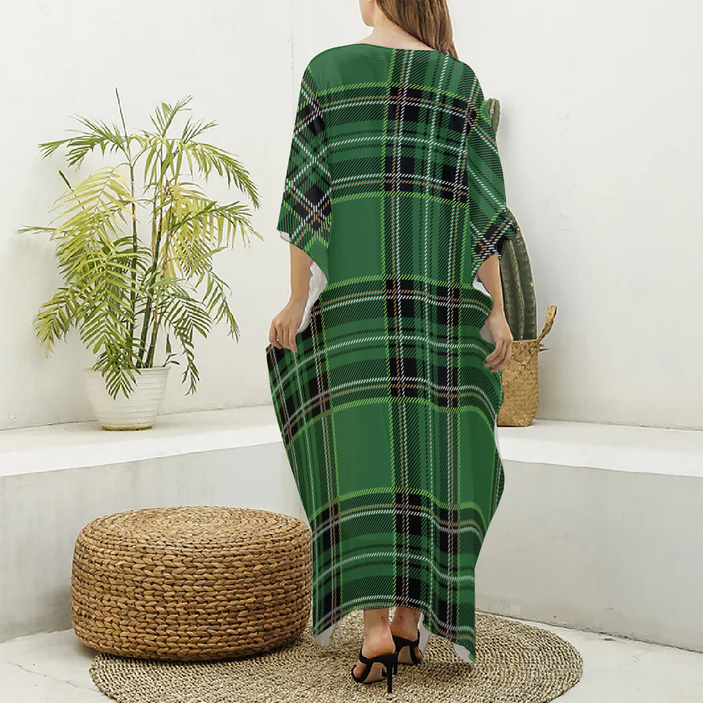 Green Stewart Tartan Pattern Print Silk V-Neck Kaftan Dress