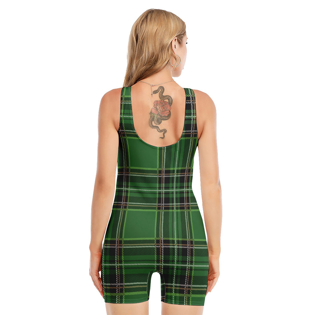 Green Stewart Tartan Pattern Print Sleeveless One Piece Swimsuit