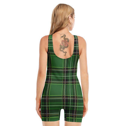 Green Stewart Tartan Pattern Print Sleeveless One Piece Swimsuit