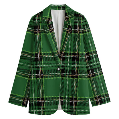 Green Stewart Tartan Pattern Print Women's Cotton Blazer