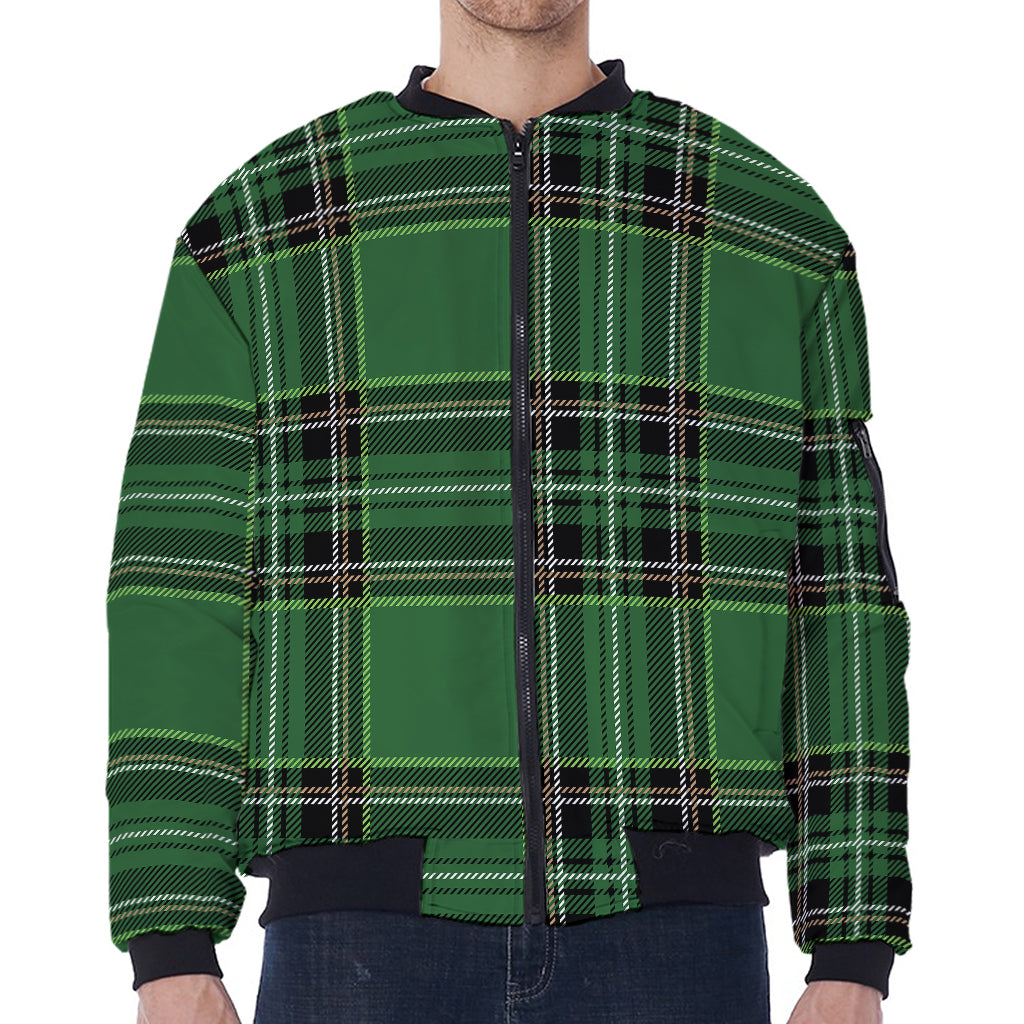 Green Stewart Tartan Pattern Print Zip Sleeve Bomber Jacket