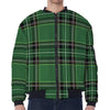 Green Stewart Tartan Pattern Print Zip Sleeve Bomber Jacket