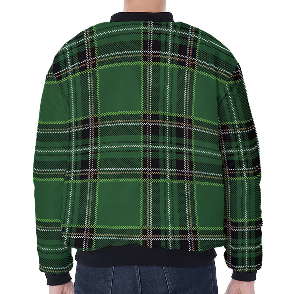 Green Stewart Tartan Pattern Print Zip Sleeve Bomber Jacket