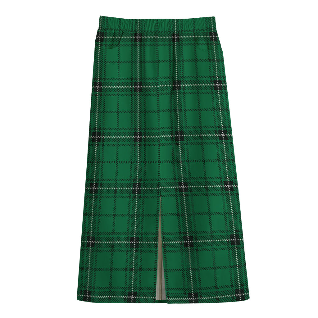 Green Stewart Tartan Print Cotton Front Slit Maxi Skirt