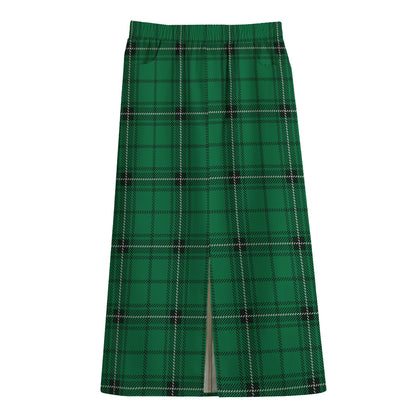 Green Stewart Tartan Print Cotton Front Slit Maxi Skirt