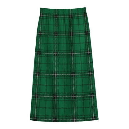 Green Stewart Tartan Print Cotton Front Slit Maxi Skirt